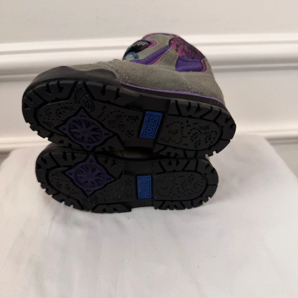 Vintage Keds Outdoor Kids Hiking Boots Grey Purple Suede Leopard Print Size 5.5M